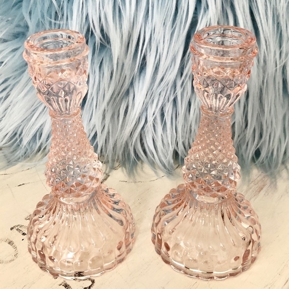 Candle Stick Holders, Taper, Pink, Glass, Set of 2, Very Nice Condition - Picture 2 of 7